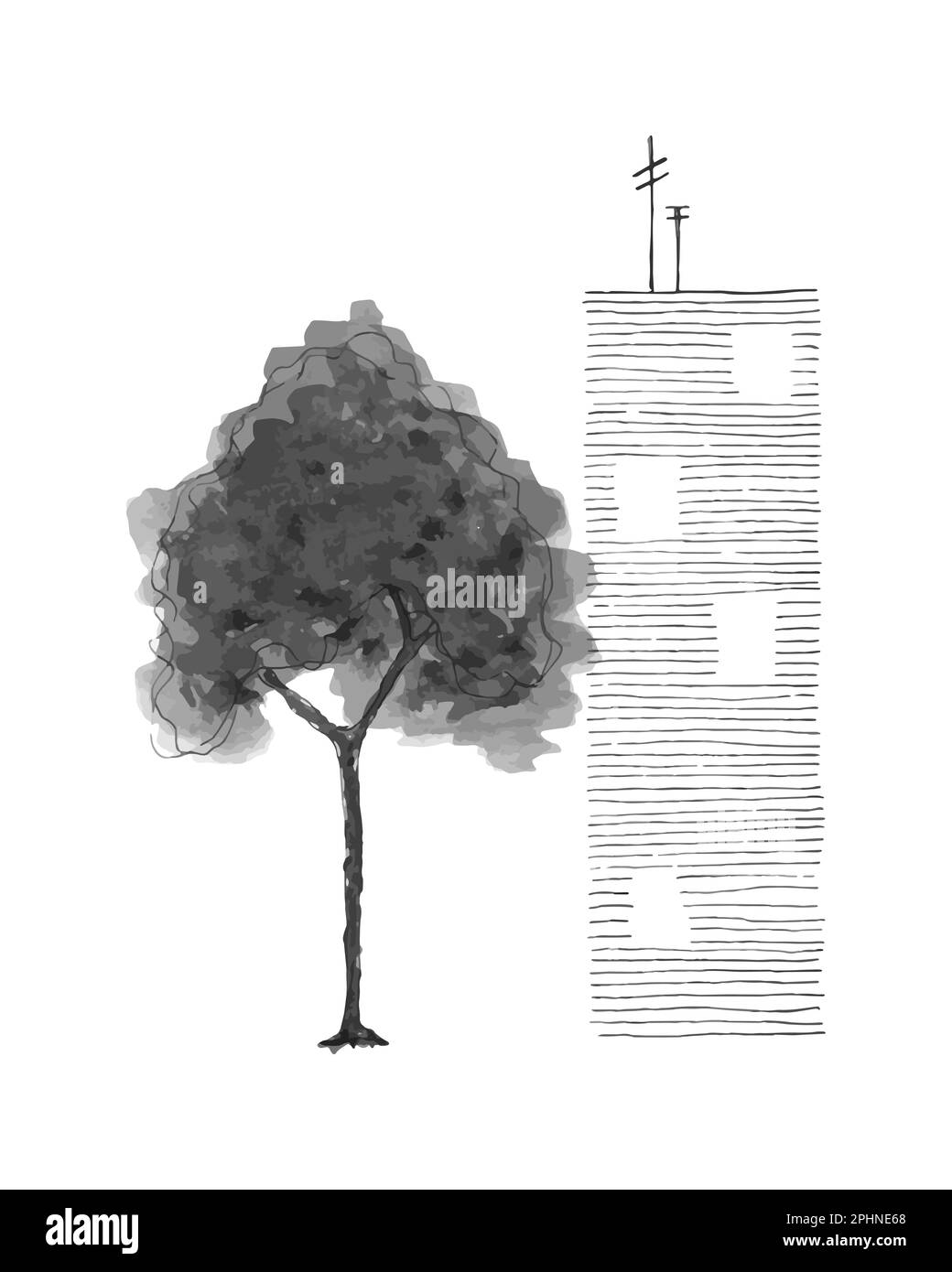 Croquis urbain de style bicolore, couleur de la maison et de l'eau de l'arbre. Illustration vectorielle Illustration de Vecteur