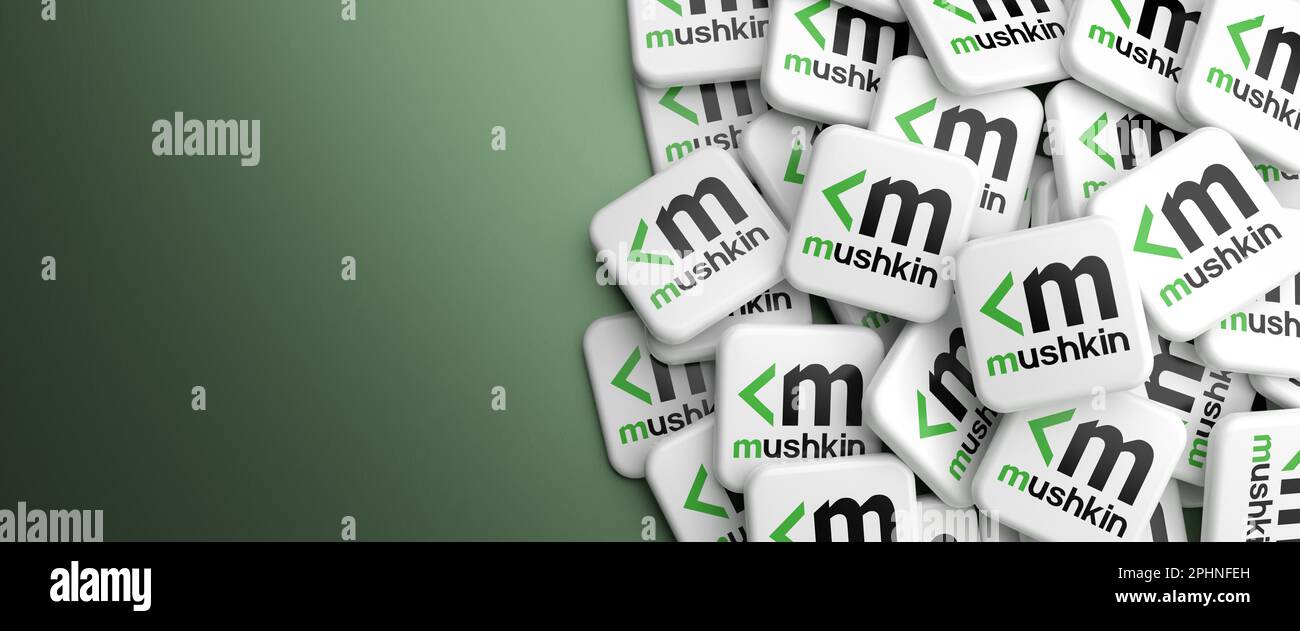 Logos de la société de mémoire informatique Mushkin sur un tas sur une table. Format de bannière Web, espace de copie. Banque D'Images