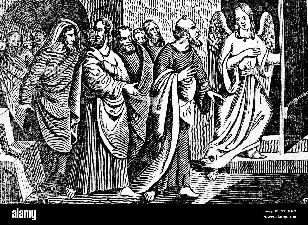 Un ange libère les Apôtres de leur prison, les Apôtres, Nouveau Testament, bible 1831, illustration historique Banque D'Images