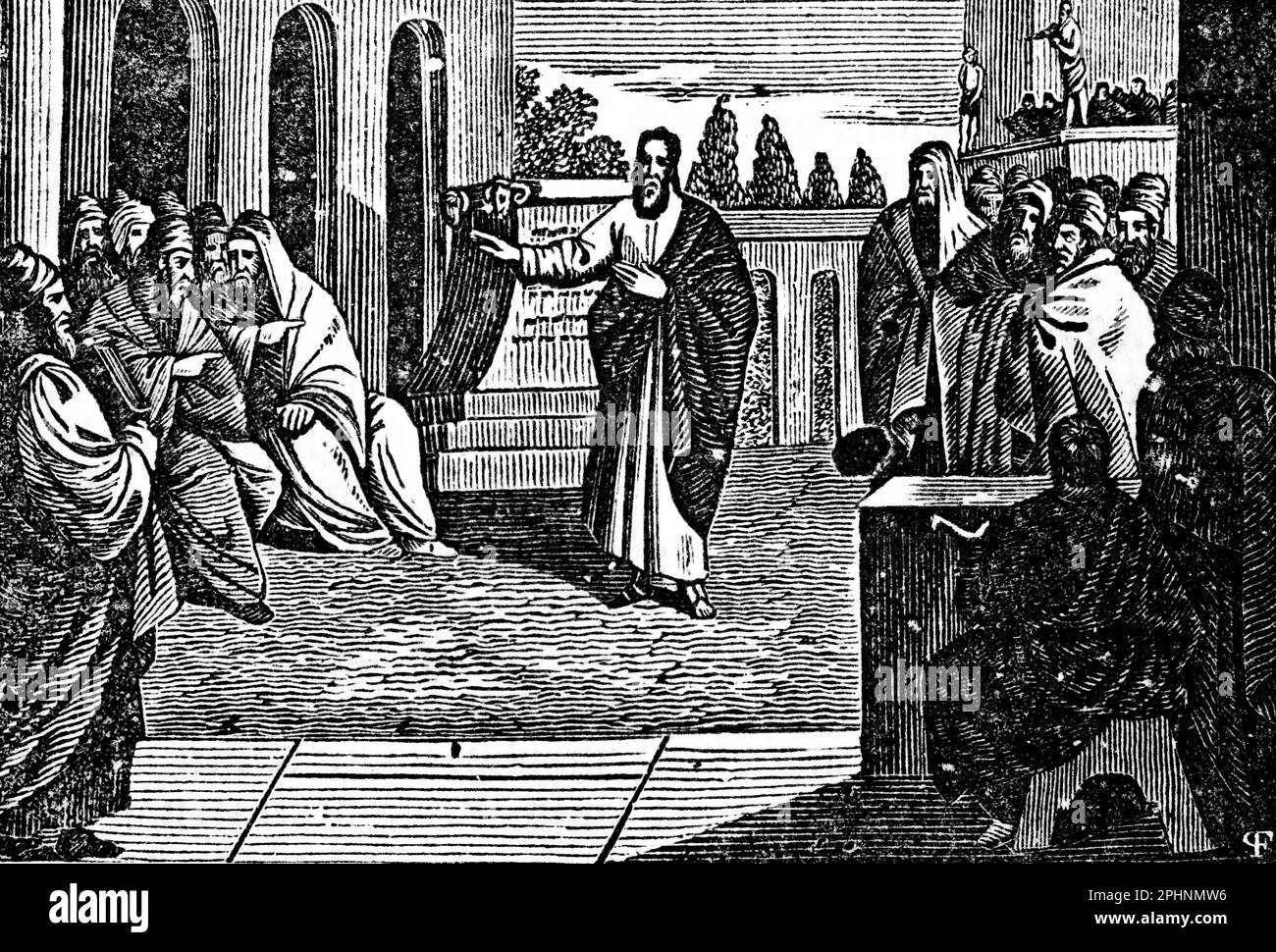 L'apôtre Paulus voyage à Athènes pour prêcher Dieu et le dernier Jugdiment au peuple inconnu, les Apôtres, le Nouveau Testament, bible 1831, Banque D'Images
