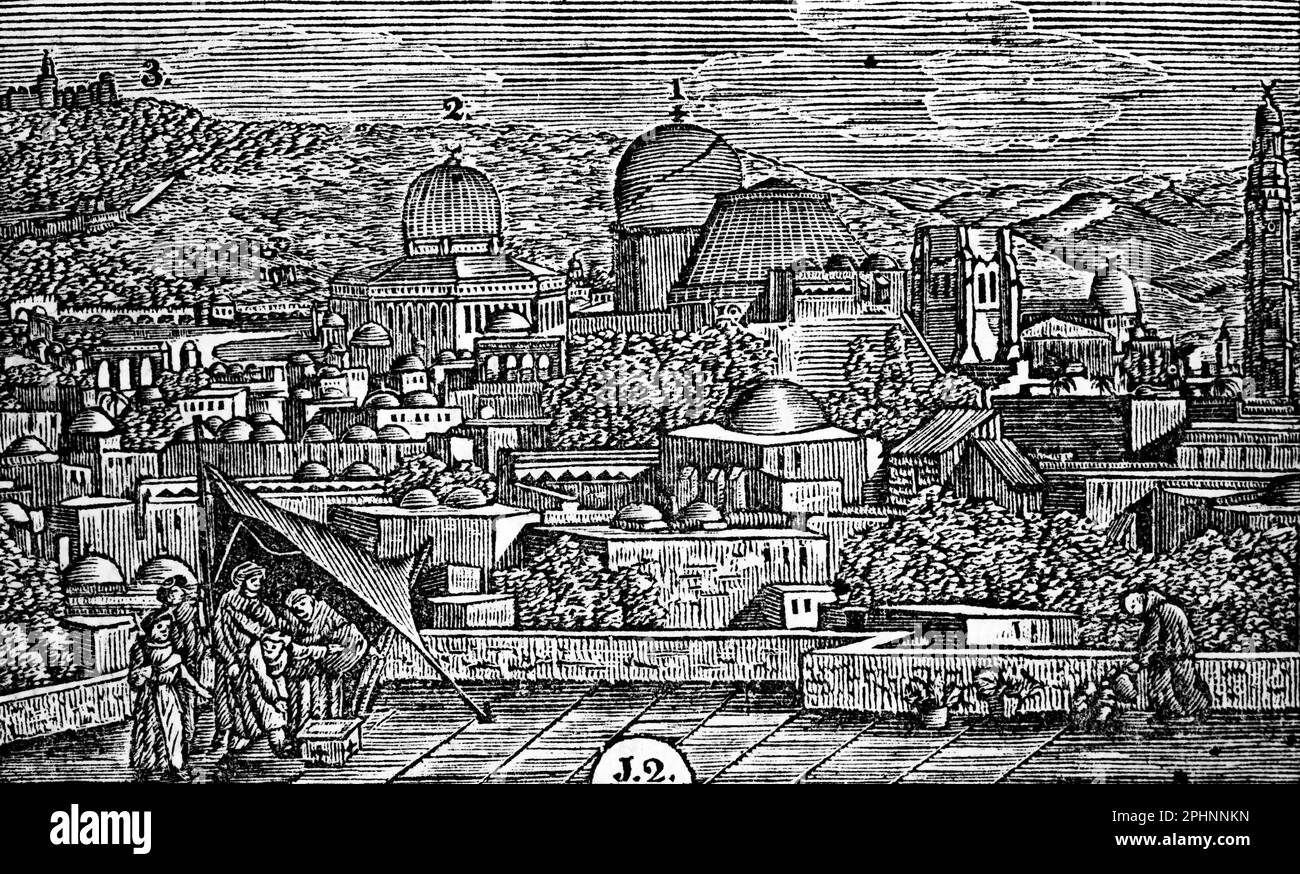 Vue historique de Jérusalem, avec Oelberg ou Mont des oliviers, Mosquée et Église d'Omar, bible 1831, illustration historique Banque D'Images