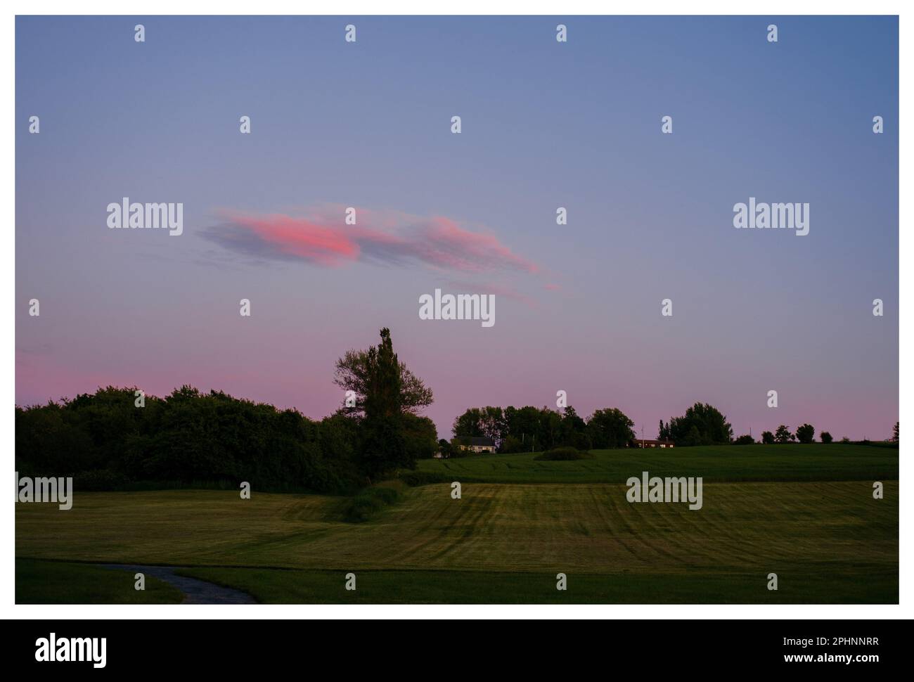 Majestueux coucher de soleil d'été sur un champ ouvert de campagne. Nuages doux et colorés sur des terres vides Banque D'Images