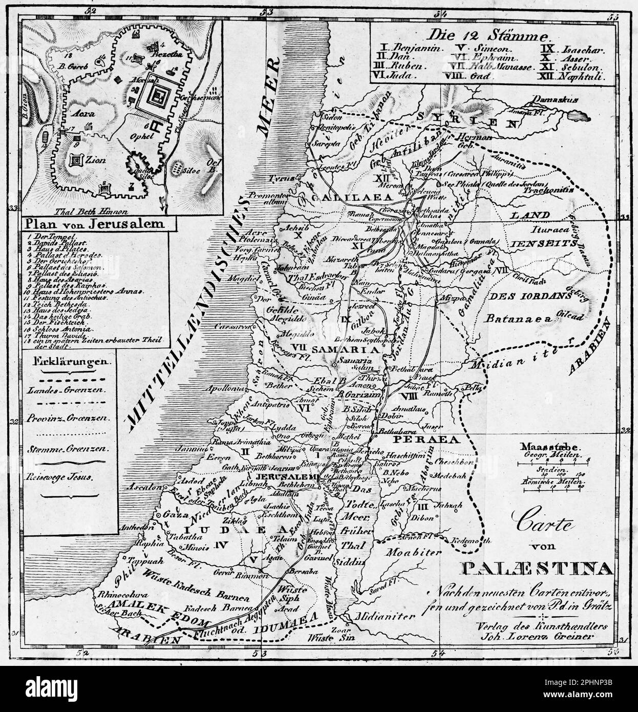 Carte de la Palestine à l'époque de Jésus-Christ, bible 1831, illustration historique Banque D'Images