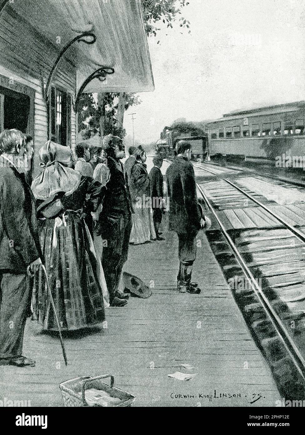 La légende de 1896 se lit comme suit : 'Scene at Station on Pennsylvania Railroad comme Garfield ambulance train passé sur son chemin à Elberon. Sur 6 septembre, le président a été démis à Elberon, NJ, dans une voiture spécialement conçue, le lit étant arrangé de manière à minimiser les secousses, c'était une journée extrêmement chaude et le train est allé très vite, le président envoyant un message à l'ingénieur pour augmenter la vitesse. Aux gares et dans les champs, des nœuds de personnes se rassemblent pour observer le passage du train, en enlevant instinctivement leur chapeau quand il est en vue." James Abram Garfield (1831-1881) a été élu le 20t Banque D'Images