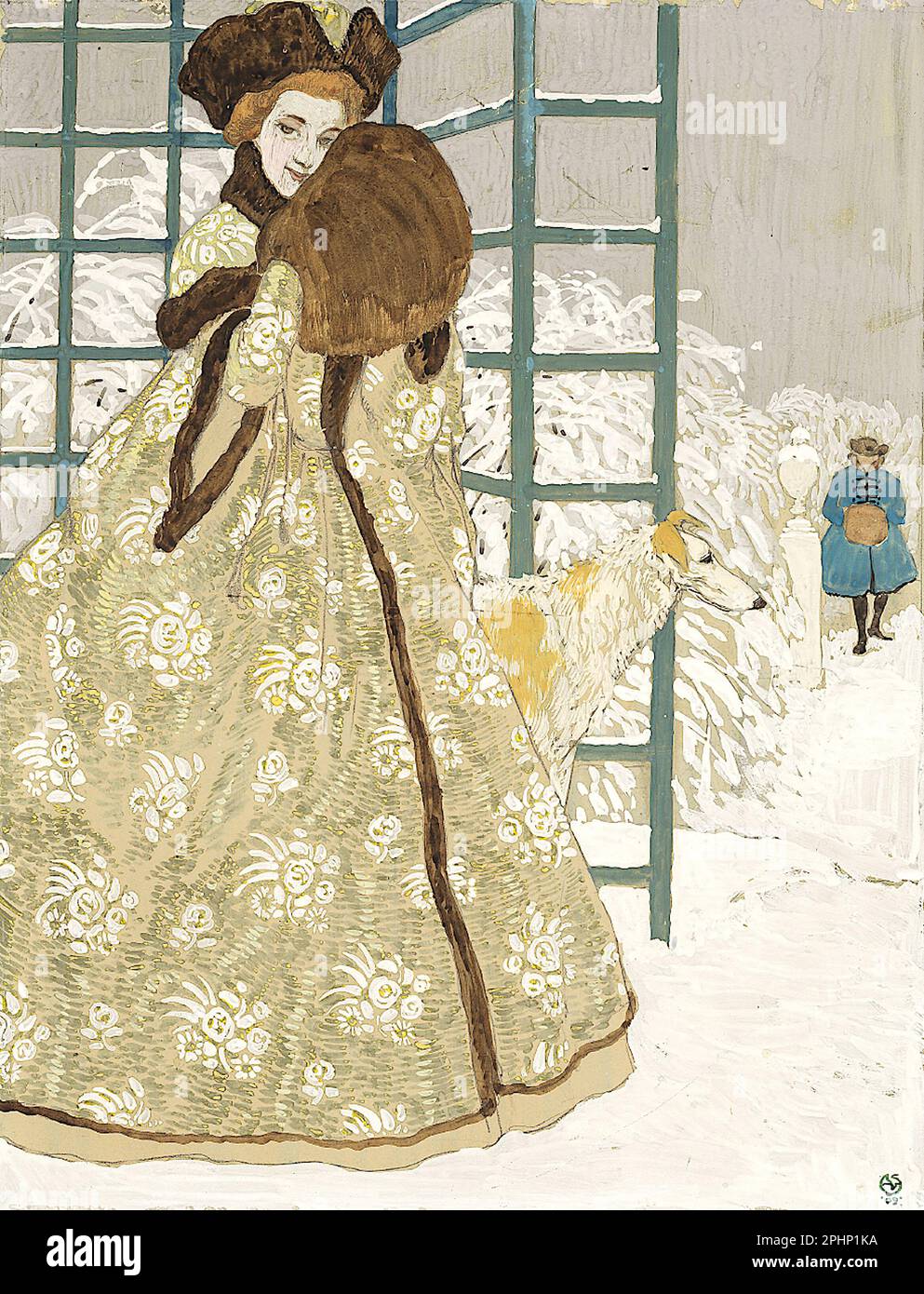 Alexander von Salzmann - en anticipation - (en Erwartung) - 1909 - Une scène hivernale comme un homme approche une femme et son chien. Banque D'Images