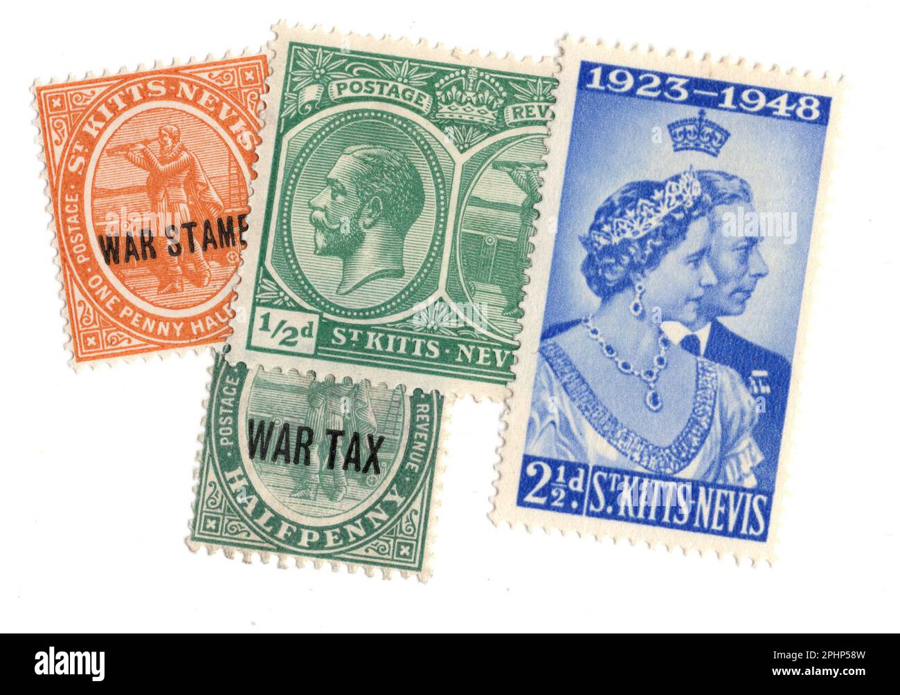 Timbres-poste à la menthe d'époque de Saint-kitts-Nevis isolés sur fond blanc. Banque D'Images