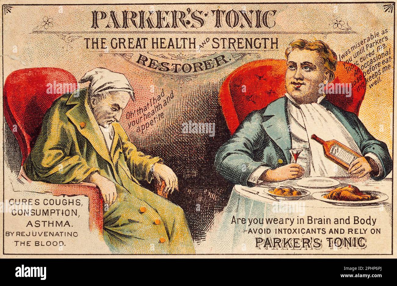 Parker's Tonic, le grand restaurateur de santé et de force, guérit la toux, la consommation, l'asthme en rajeunissant le sang, illustration ancienne du 1870s Banque D'Images