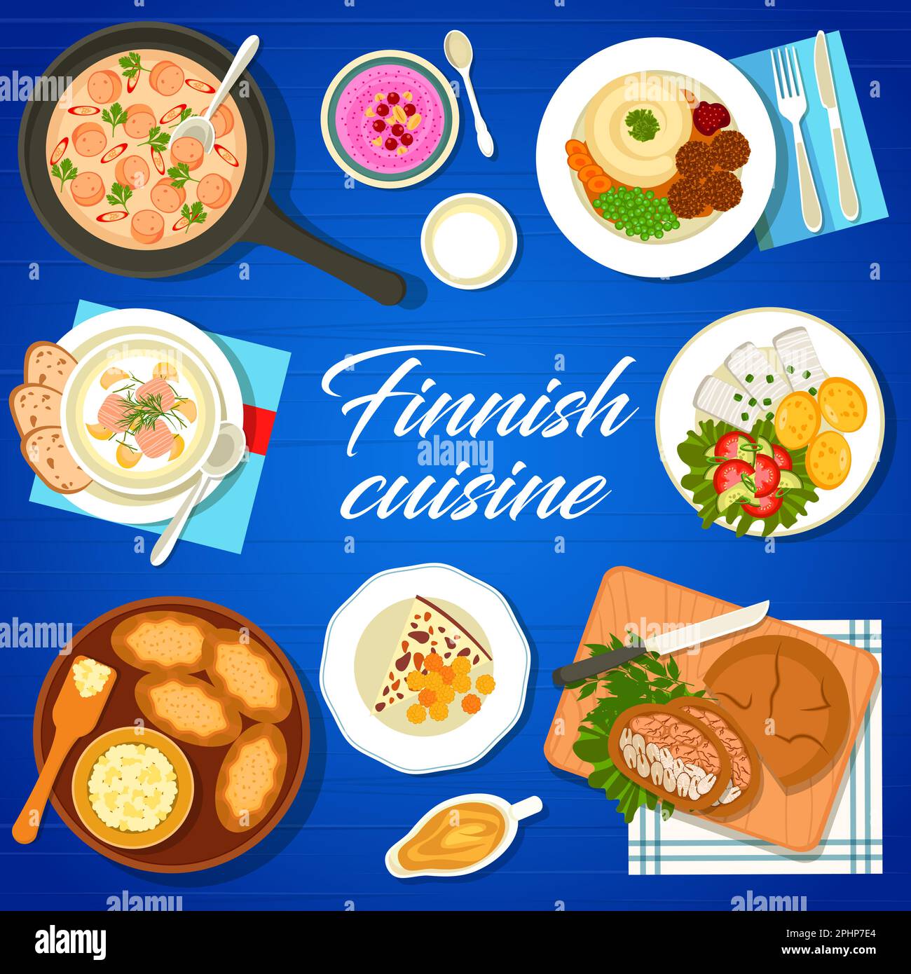 Couverture du menu de cuisine finlandaise. Hareng mariné avec pommes de terre, soupe au saumon et boulettes de viande, tartes au riz, fromage à pain Leipajuusto et tarte Kalakukko, porr Illustration de Vecteur