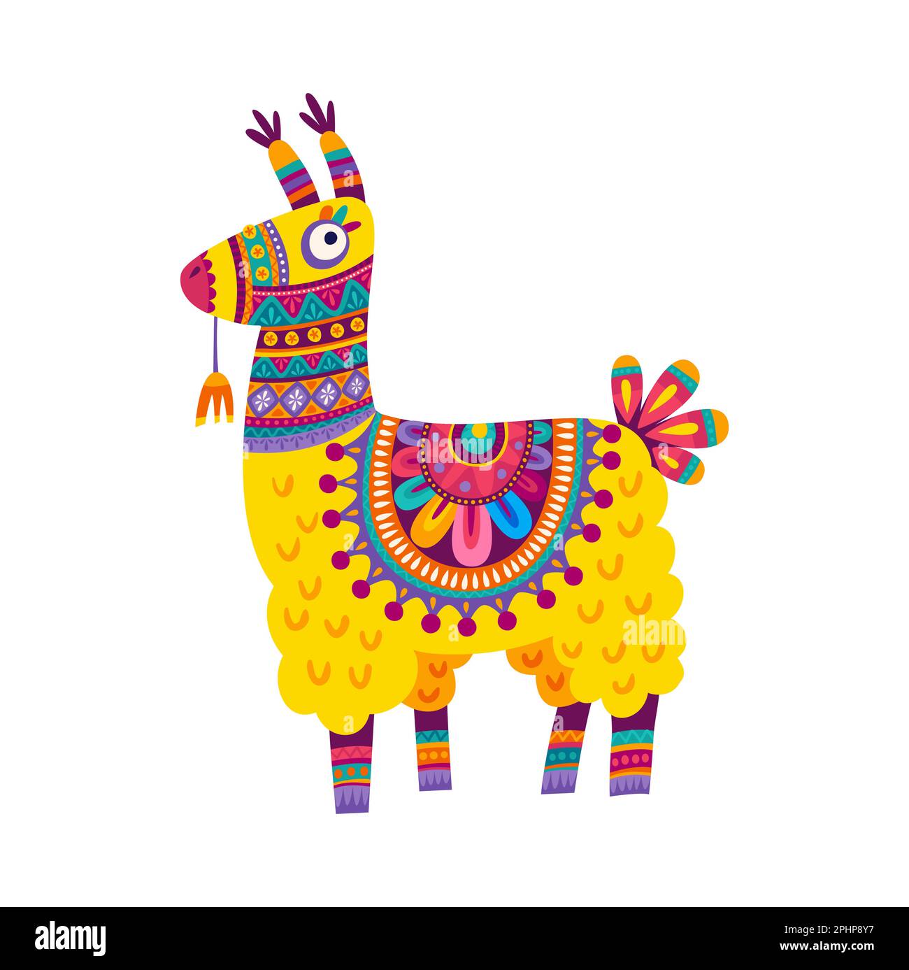 Jouet en maille de lama avec fleurs imprimé dans le design ethnique, jouet pour enfants. Vecteur dessin animé llama ou mignon alpaga, péruvien comique animal, décoration péruvienne sur ne Illustration de Vecteur