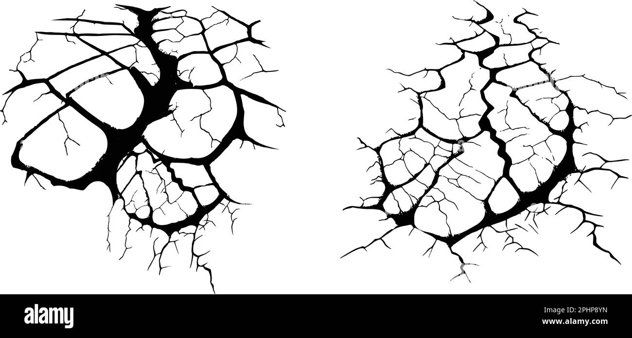 Dommages causés par des catastrophes naturelles, des tremblements de terre ou la sécheresse. Fente, fissure et trou noir dans le mur ou sur le sol. Catastrophe après la guerre. Illustration de Vecteur