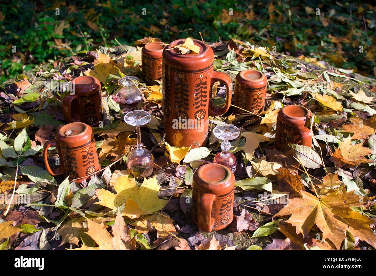 Feuilles d'automne sur une table avec des plats. Parc Veltrusy. République tchèque. Banque D'Images Feuilles d'automne sur une table avec des plats. Parc Veltrusy. République tchèque. Banque D'Images