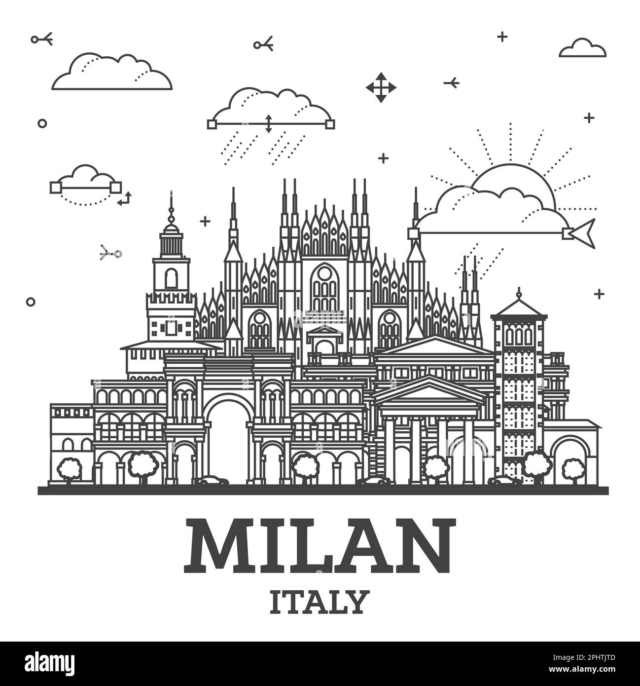 Contour de la ville de Milan Italie Skyline avec bâtiments historiques isolés sur White. Illustration vectorielle. Paysage urbain de Milan avec des monuments. Illustration de Vecteur