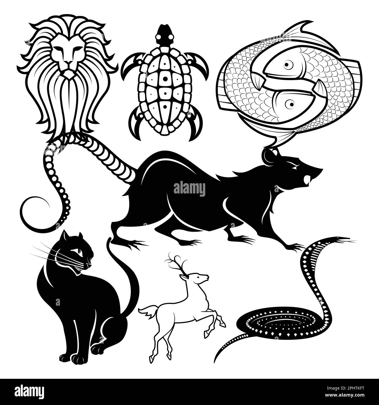 Illustration vectorielle noire et blanche d'un rat dans un chapeau, un serpent et un chat. Illustration de Vecteur