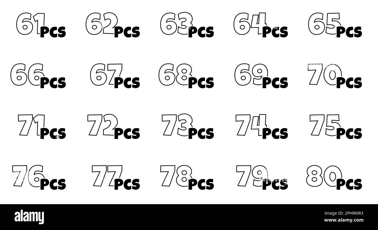 Nombre de pièces dans le jeu de paquets. De 61 à 80 pièces pour la collection d'étiquettes d'emballage. Autocollants indiquant le nombre d'articles consécutifs dans l'emballage du produit. Icônes de contour de style dessin animé. Illustration eps à vecteur isolé Illustration de Vecteur