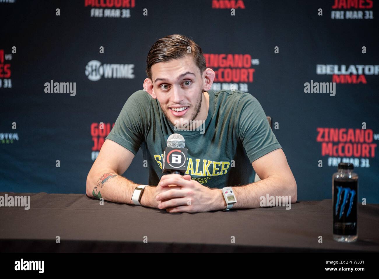 Temecula, Californie, États-Unis. 29th mars 2023. Temecula, CA - 28 mars: Lucas Brennan s'adresse aux médias au Bellator 293 Golm vs James au Pechanga Resort and Casino on 31 mars 2023 à Temecula, Californie, États-Unis. (Credit image: © Matt Davies/PX Imagens via ZUMA Press Wire) USAGE ÉDITORIAL SEULEMENT! Non destiné À un usage commercial ! Banque D'Images