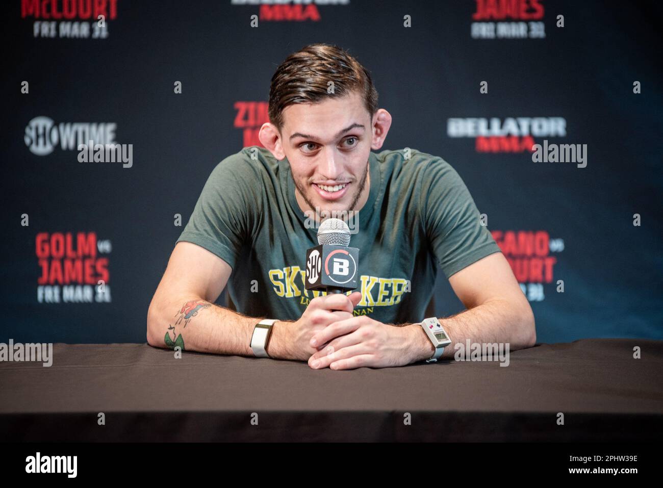 Temecula, Californie, États-Unis. 29th mars 2023. Temecula, CA - 28 mars: Lucas Brennan s'adresse aux médias au Bellator 293 Golm vs James au Pechanga Resort and Casino on 31 mars 2023 à Temecula, Californie, États-Unis. (Credit image: © Matt Davies/PX Imagens via ZUMA Press Wire) USAGE ÉDITORIAL SEULEMENT! Non destiné À un usage commercial ! Banque D'Images