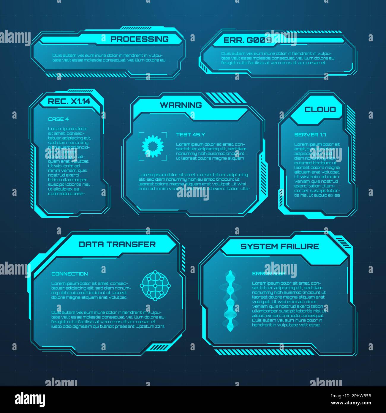 Éléments HUD ou UI futuristes bleus. Zones de texte et légendes de l'interface utilisateur SCI-fi. Cadres de message d'avertissement, modèle de zones d'information. Jeu moderne Illustration de Vecteur