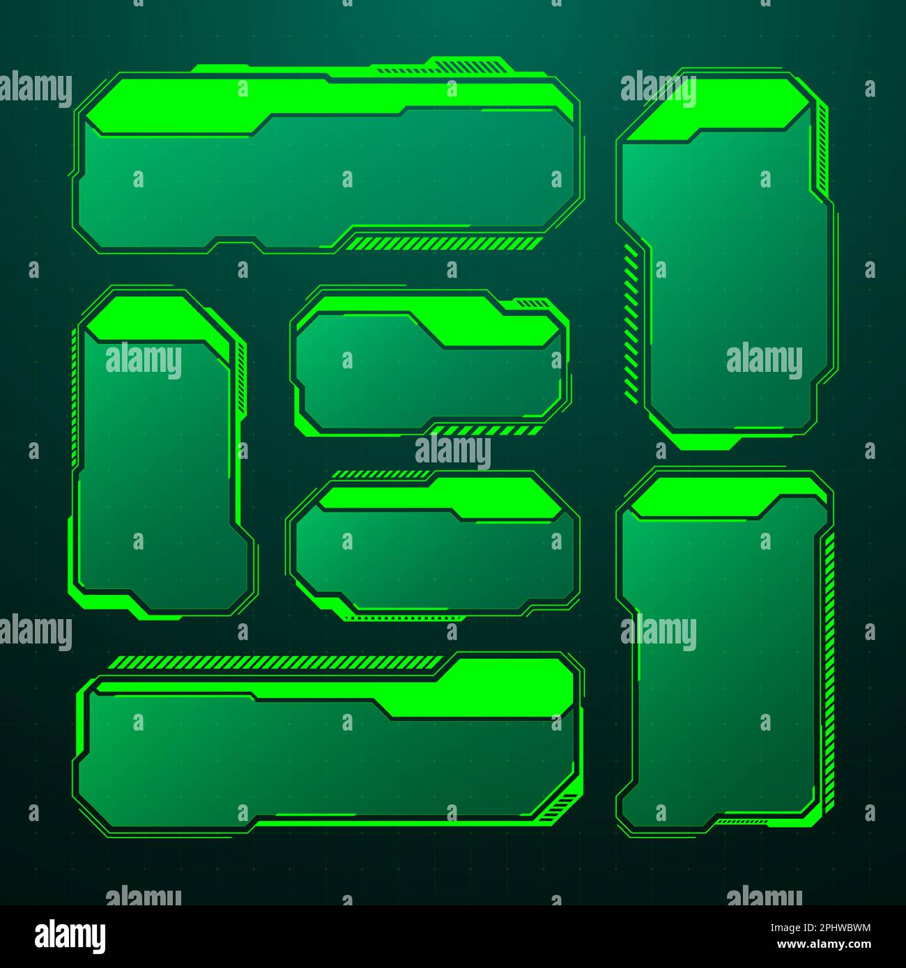 Affichage tête haute futuriste vert, éléments d'interface utilisateur. Zones de texte et légendes de l'interface utilisateur SCI-fi. Cadres de message d'avertissement, modèle de zones d'information. Jeu moderne Illustration de Vecteur