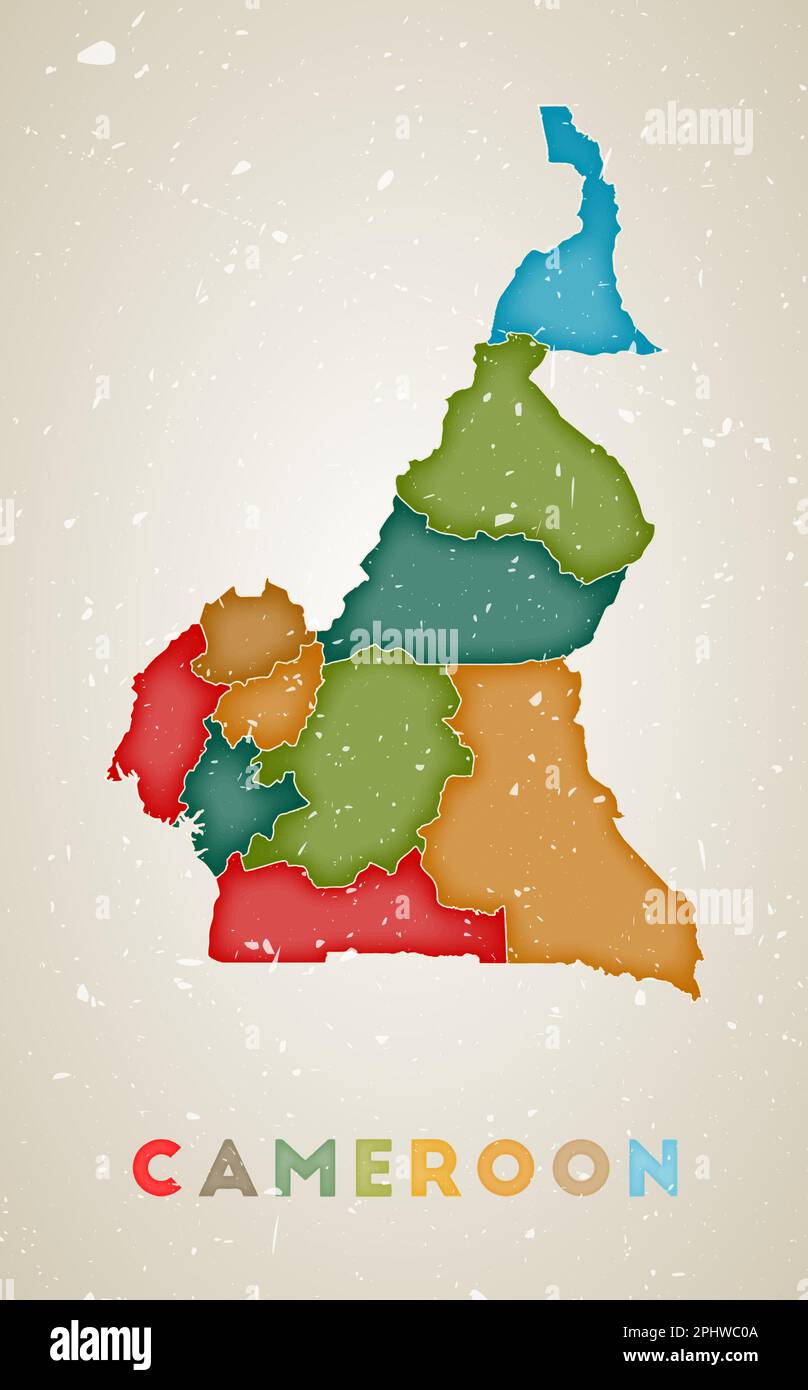 Carte du Cameroun. Affiche de pays avec des régions colorées. Texture grunge ancienne. Illustration vectorielle du Cameroun avec le nom du pays. Illustration de Vecteur