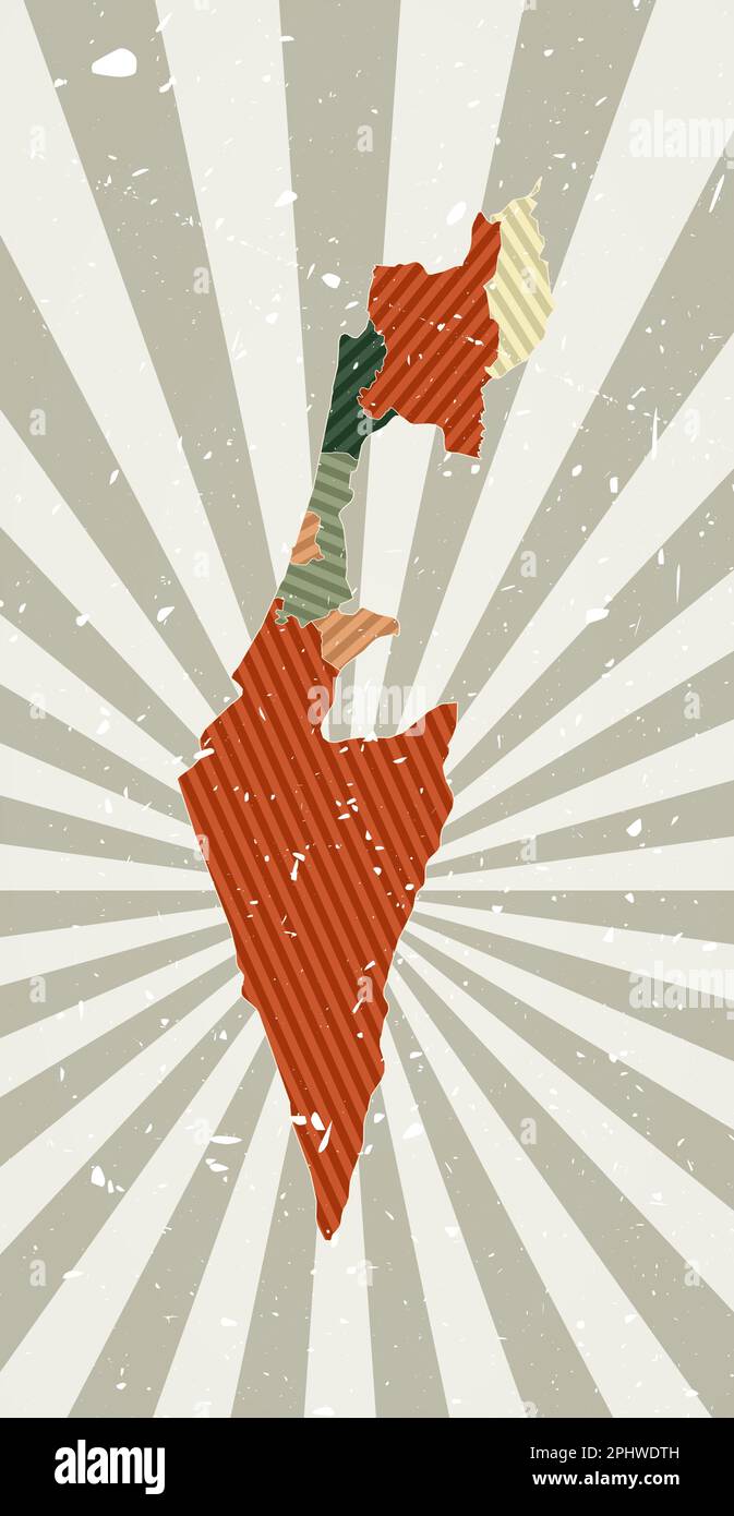 Carte vintage Israël. Affiche grunge avec carte du pays dans la palette de couleurs rétro. Forme d'Israël avec fond de rayons de soleil. Illustration vectorielle. Illustration de Vecteur