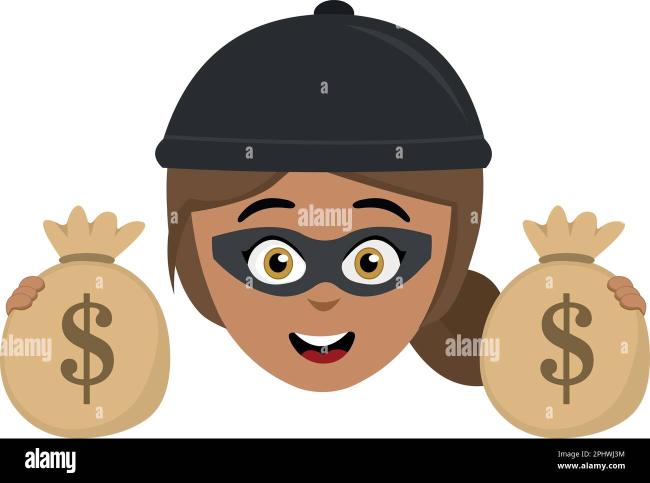 illustration vectorielle visage d'une femme voleur, avec un masque, un chapeau sur sa tête et des sacs d'argent Illustration de Vecteur