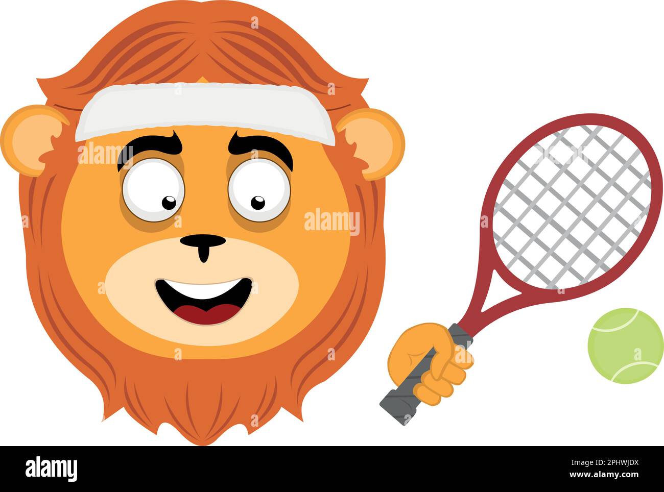 Illustration vectorielle du visage de Leon Cartoon heureux, avec un bandeau, une raquette et une balle de tennis Illustration de Vecteur