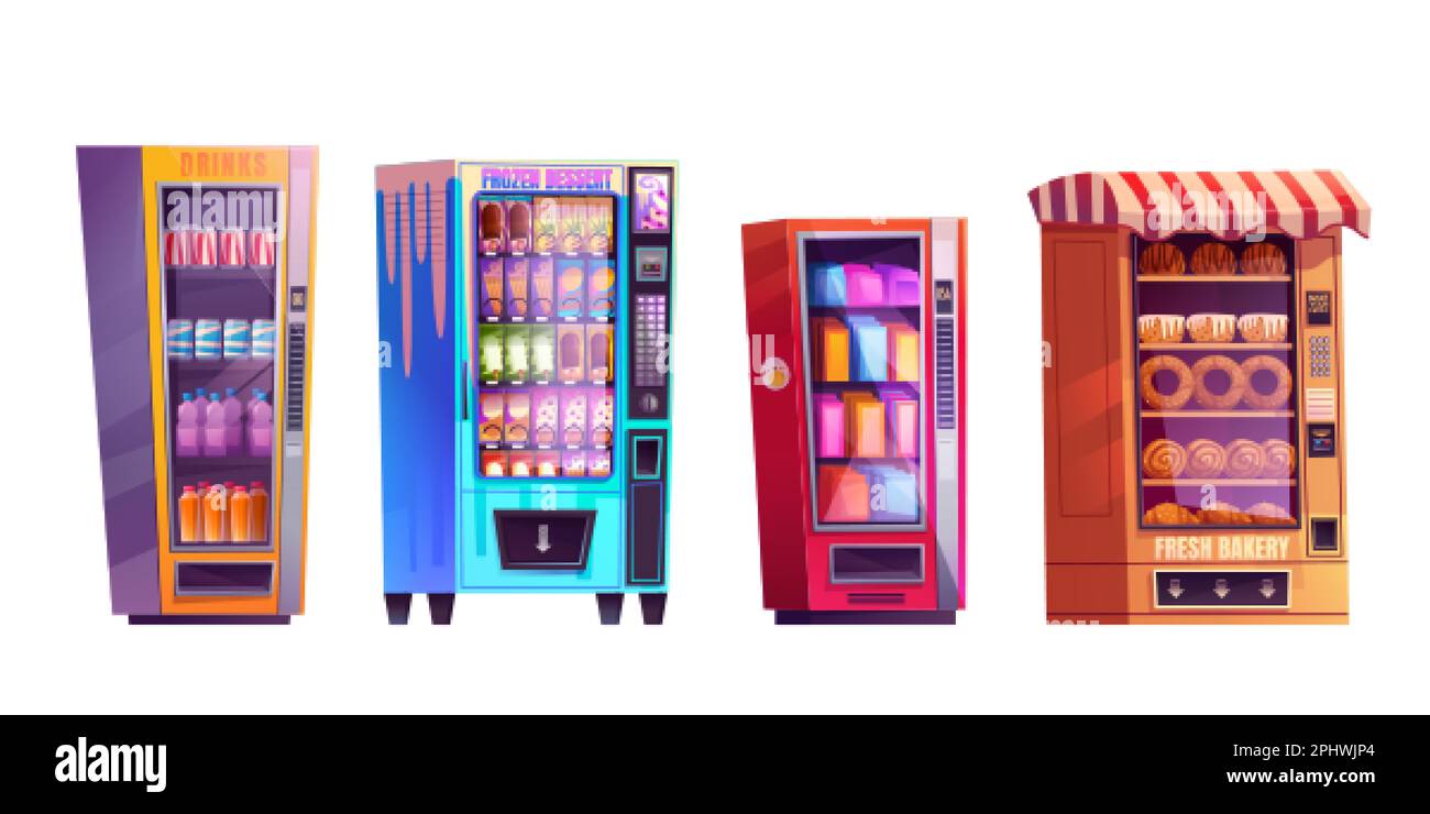 Distributeur automatique Vector avec boissons et en-cas. Kit de distribution d'icône de dessin animé isolé vendant bouteille, boîte de café, boulangerie et crème glacée. Vendingmachine Illustration de Vecteur