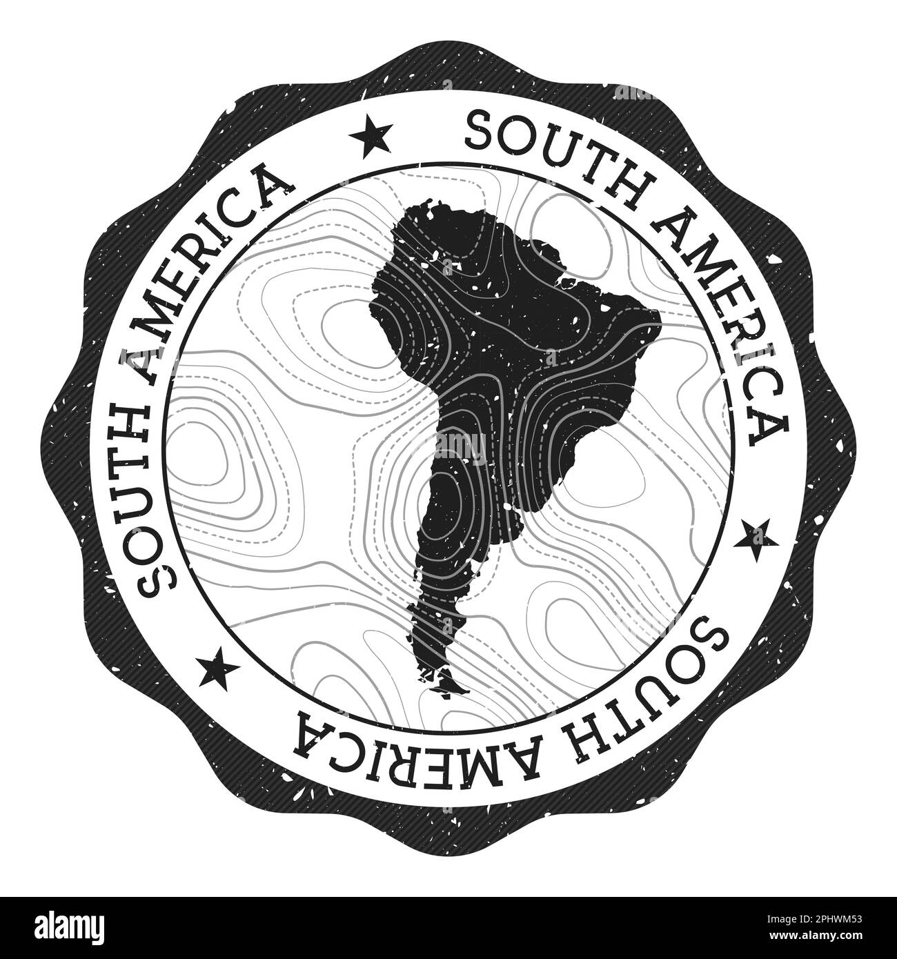 Timbre extérieur Amérique du Sud. Autocollant rond avec carte du continent avec isolines topographiques. Illustration vectorielle. Illustration de Vecteur