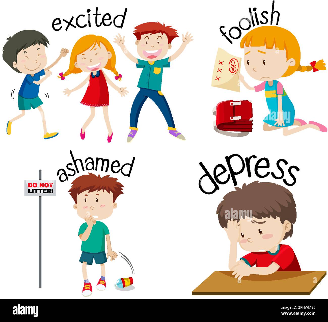Mot adjectif de vocabulaire anglais avec illustration de caractères de dessin animé Illustration de Vecteur