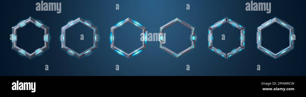 SCI fi Neon jeu rank avatar métal six pans cadre vecteur ensemble. Badge de bordure en fer futuriste isolé sur fond sombre. Actif utilisateur acier Illustration de Vecteur