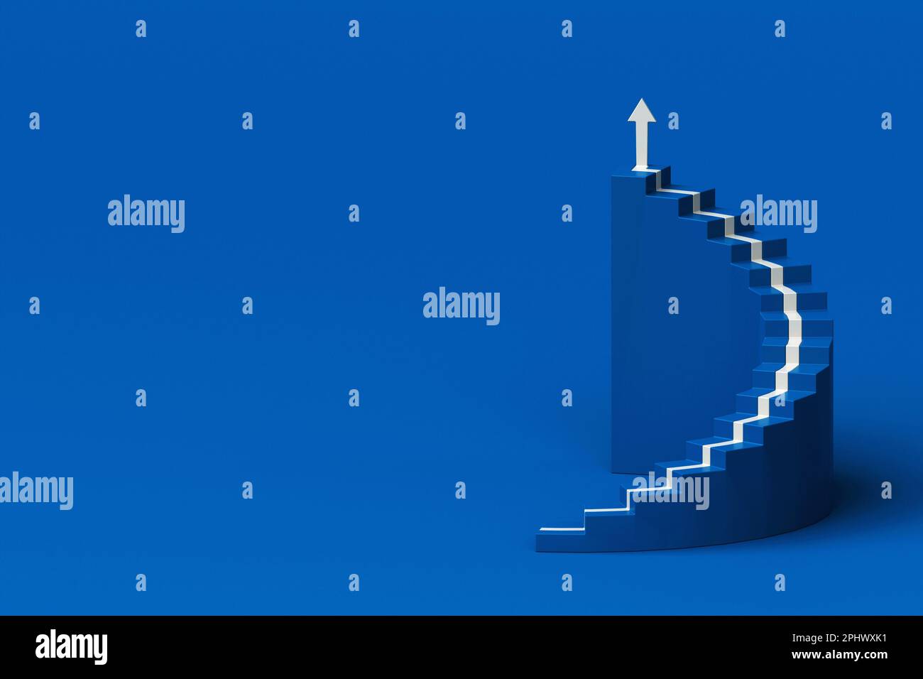 Flèche blanche suivant l'escalier en spirale de la croissance sur fond bleu, flèche de 3D grimpant sur l'escalier en spirale, 3D escaliers avec flèche allant vers le haut Banque D'Images