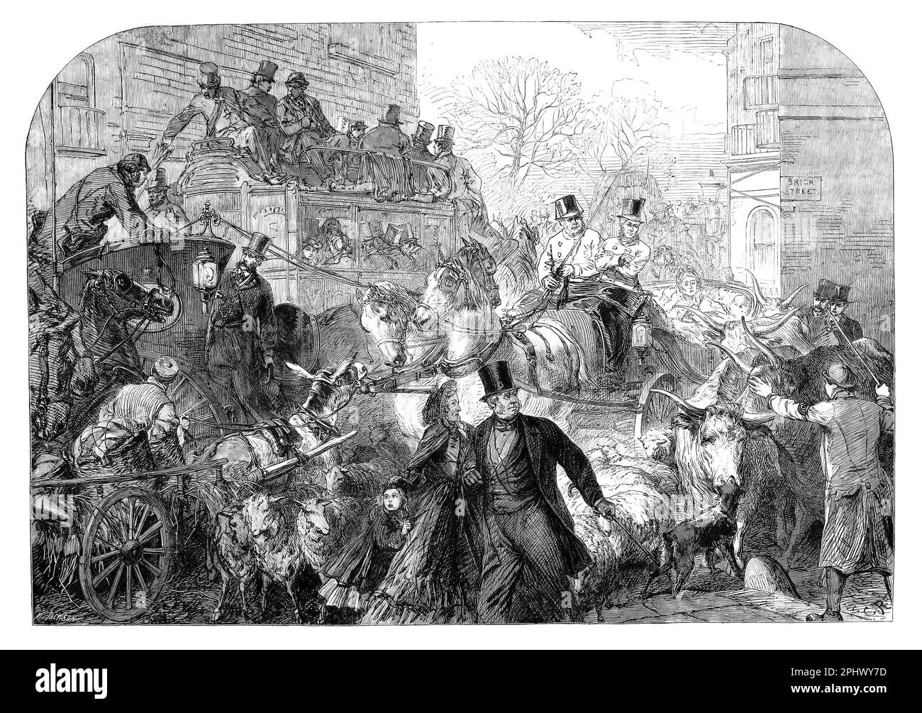 Park Lane à Londres, en Angleterre, était à l'origine une simple ruelle de campagne sur la frontière de Hyde Park, et partagée par des entraîneurs de scène, des voitures, des troupeaux de bétail et des troupeaux de moutons, des embouteillages se sont produits. La route s'est développée en popularité au cours du 19th siècle après des améliorations à Hyde Park Corner et des vues plus abordables du parc, qui a attiré le nouveau riche à la rue et l'a conduit à devenir l'une des routes les plus à la mode de vivre sur Londres. Banque D'Images