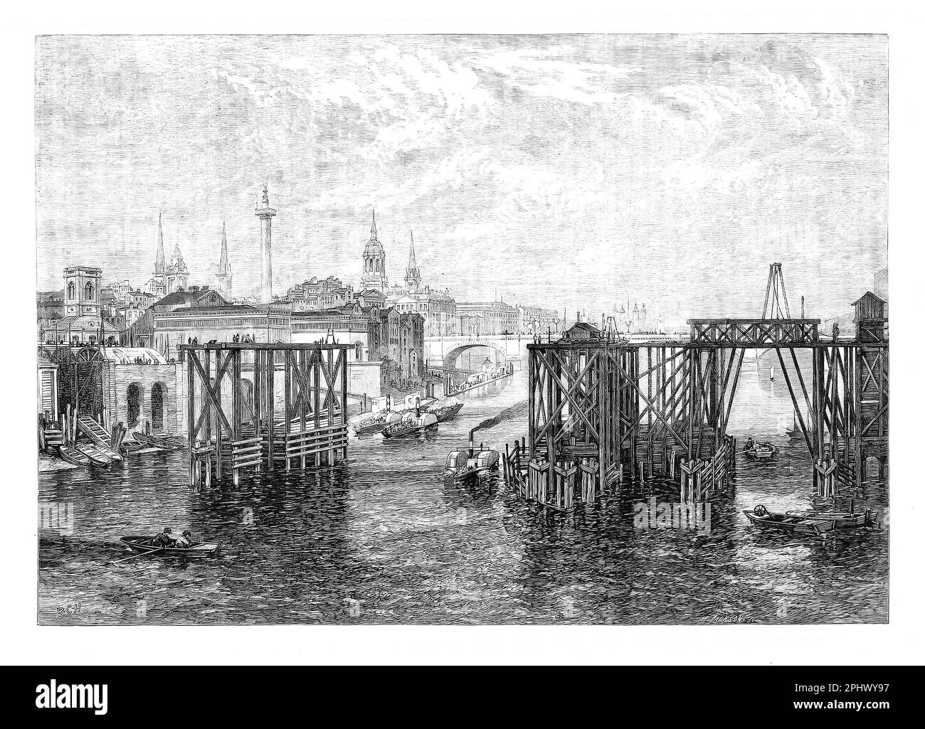 Construction vers 1865 du nouveau pont Southwark au-dessus de la Tamise à Blackfriars, Londres, Angleterre pour le chemin de fer de Londres, Chatham et Douvres. Banque D'Images