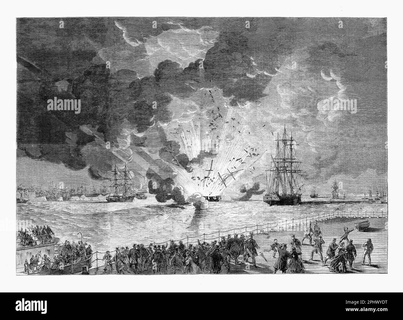 Vue du côté Cheshire, le Lottie Sleigh, une barque de voile construite en 1852 et transportant 11 tonnes longues (11 tonnes) de poudre sur la rivière Mersey, explosant le 15 janvier 1864. Il n'y a pas eu de décès, mais l'explosion a causé des dommages importants à Birkenhead et ses effets ont été ressentis à travers Liverpool. Il a été gravement endommagé et a été vendu pour la ferraille le 27 janvier. Banque D'Images