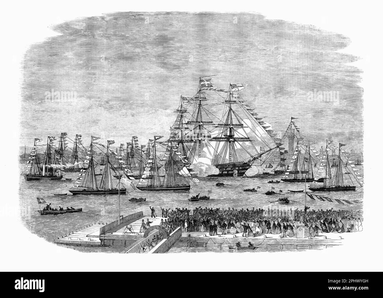 HMS Majestic tirant sur un Royal Salute dans la rivière Mersey, mars 1863. Elle était un navire de second rang de 80 armes à feu, lancé en 1853. Équipée de la propulsion à la voile et à la vis, elle a servi pendant la guerre de Crimée, et a fait partie des défenses portuaires de Liverpool de 1860 à 66, au cours de laquelle elle a été notée pour avoir bloqué deux navires commandés par la Confédération américaine de quitter le chantier naval de Laird à Birkenhead. Banque D'Images