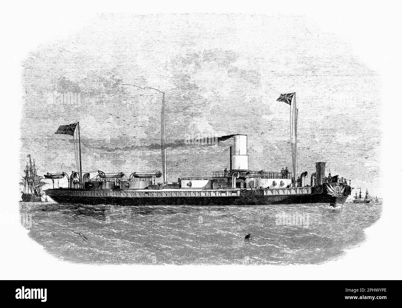 Le HMS Royal Sovereign était à l'origine un navire de première classe de 121 canons de la ligne de la Royal Navy. Avec la montée de la vapeur et de la propulsion à vis, elle a reçu l'ordre d'être convertie sur les stocks en un navire à vis à canon 131, la conversion commençant en janvier 1855 et lancé en 25 avril 1857. Banque D'Images