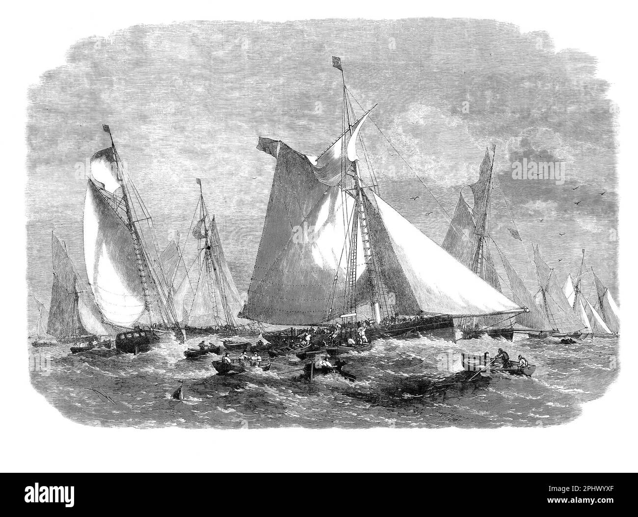 Un barreur collectant du poisson de la flotte de chalutiers sur la Doggerbank, une grande banque de sable de la mer du Nord au large de la côte est de l'Angleterre. Barking est une ville de l'est de Londres, en Angleterre, où la pêche a été l'industrie la plus importante jusqu'au milieu des 19th siècles. Jusqu'en 1870 environ, le commerce était principalement effectué sur des poissons vivants, utilisant des maettes bien fourrées (comme dans l'illustration) dans lesquelles la partie centrale de la coque, entre deux cloisons étanches, était percée pour créer un « puits » dans lequel l'eau de mer pouvait circuler et le poisson pouvait rester frais plus longtemps. Banque D'Images