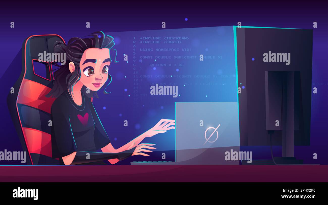 Femme programmeur travaillant sur ordinateur la nuit. Illustration de dessin animé vectoriel de LA FEMME INFORMATIQUE tapant du code logiciel, en développant un jeu ou une application mobile. Fille étudiante étudiant dans la pièce sombre. Travail à distance, indépendant Illustration de Vecteur