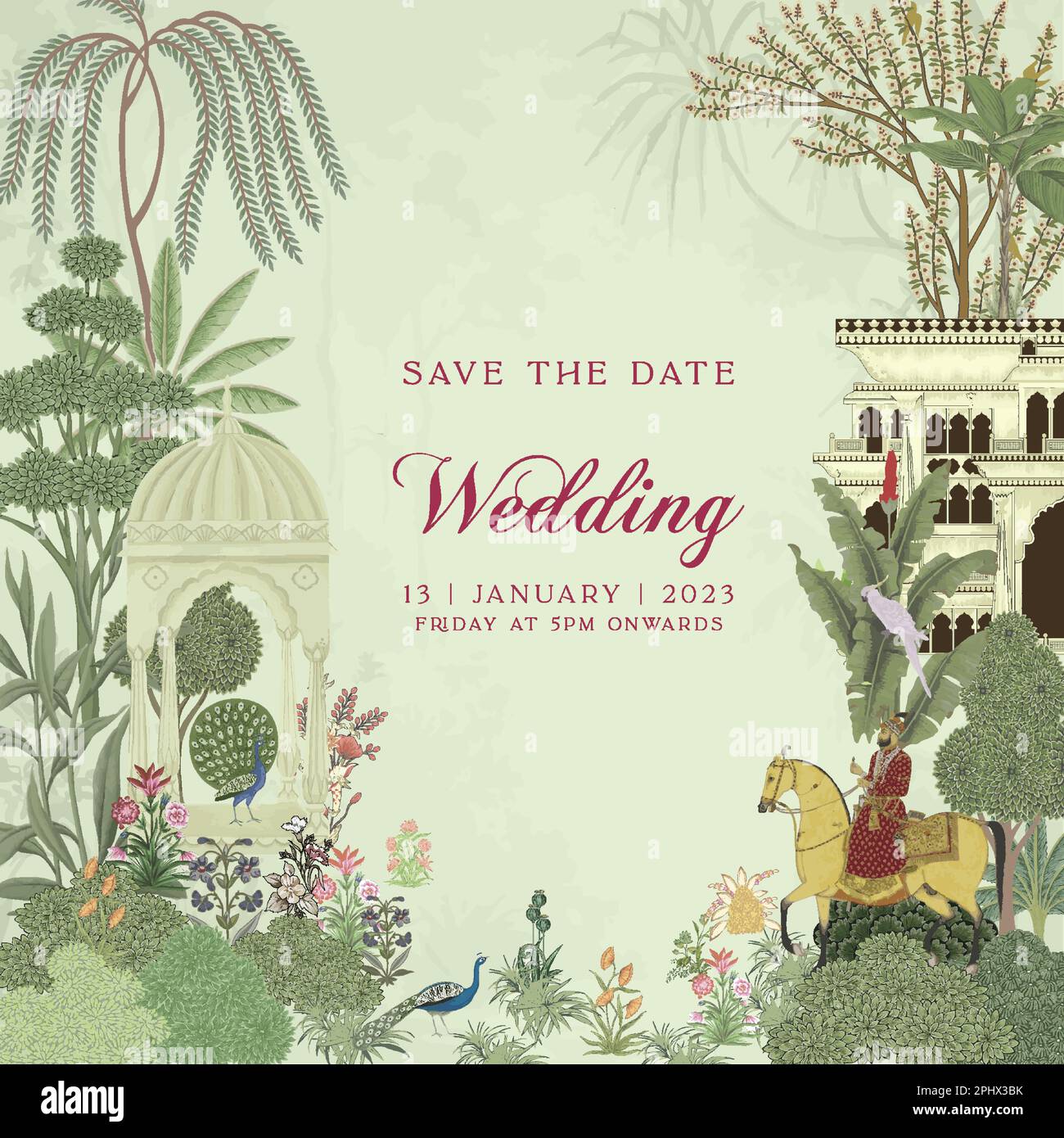 Carte de mariage traditionnelle Mughal. Carte d'invitation pour l'impression d'illustrations vectorielles. Illustration de Vecteur