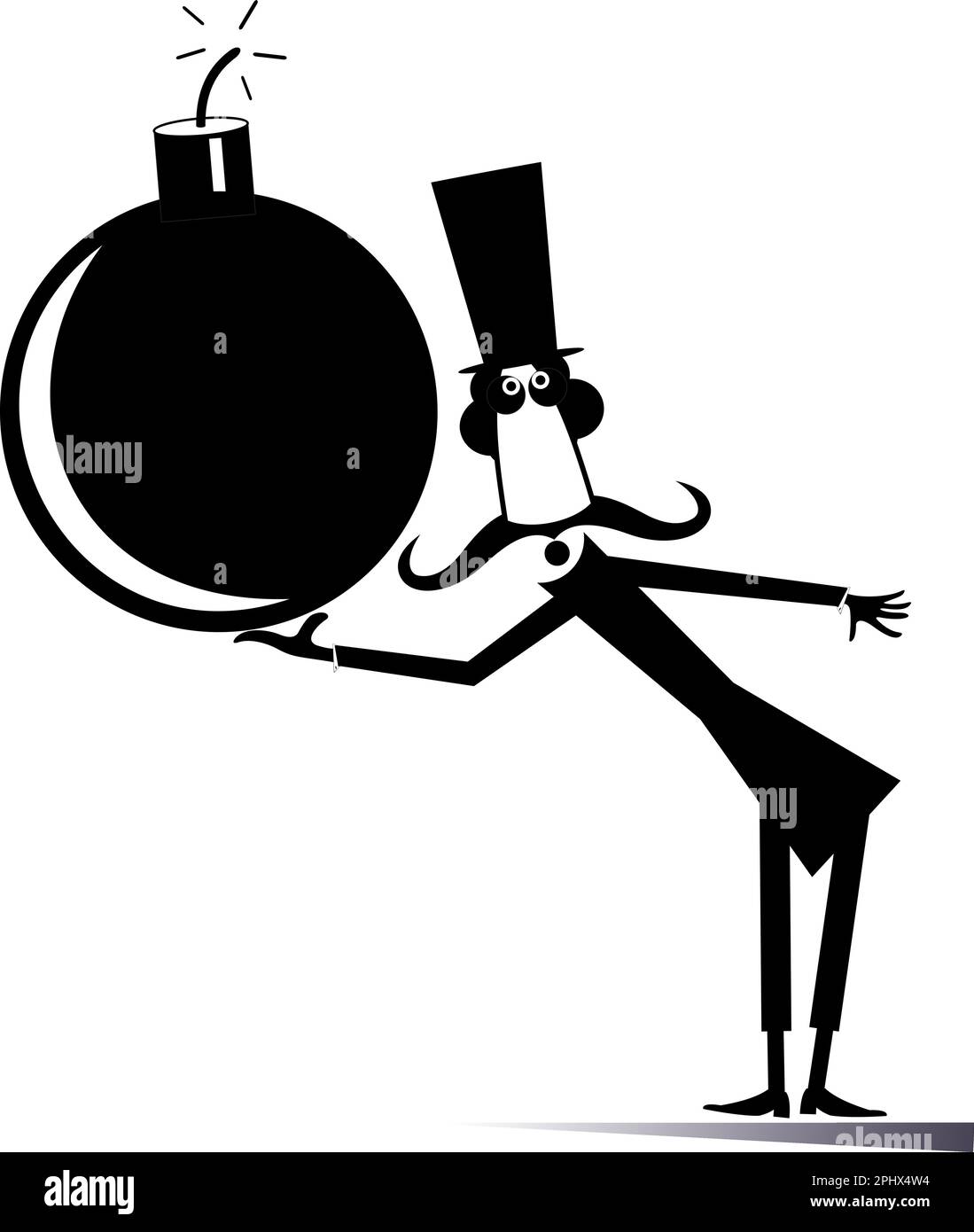 Homme de dessin animé dans le chapeau supérieur tenant une bombe. Bombe, fusible, mèche, étincelle. Homme de bande dessinée dans le chapeau supérieur tenant une bombe. Noir et blanc Illustration de Vecteur