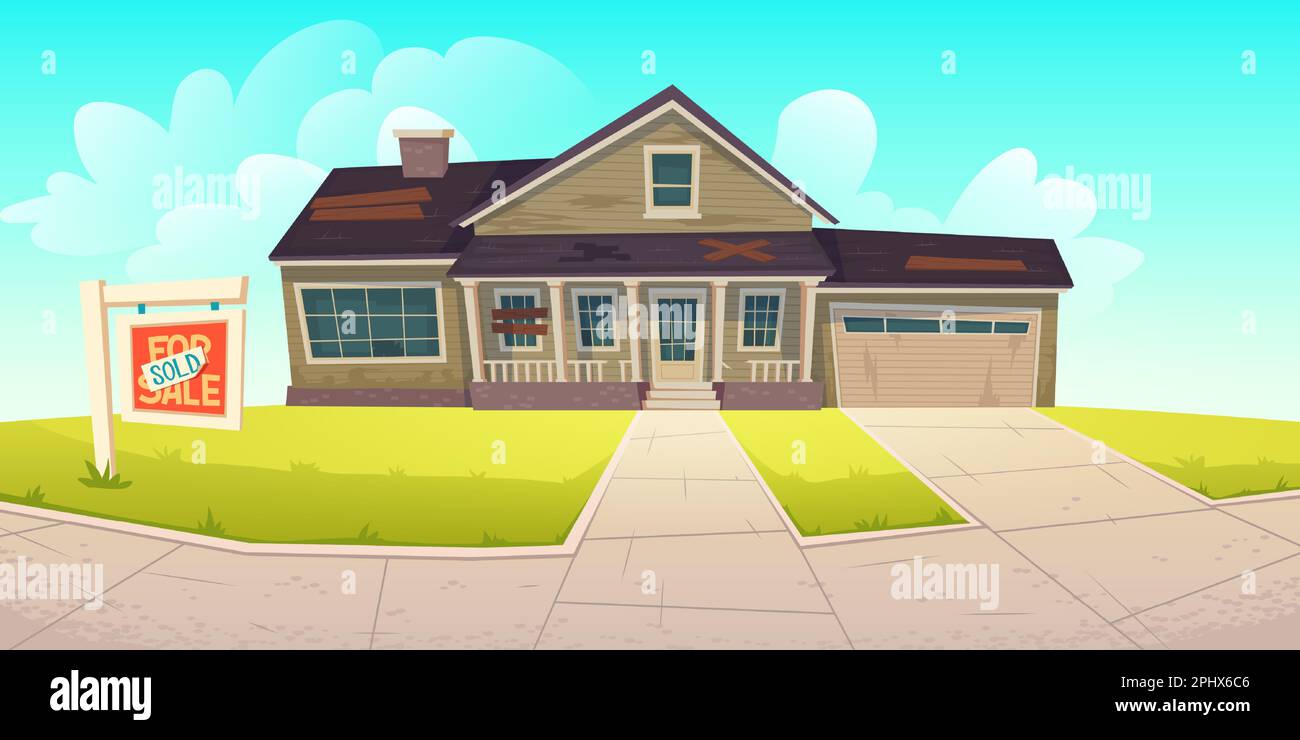 Ancienne maison avec toit cassé, fenêtres à bord et panneau vendu. Maison abandonnée en ruine à vendre. Vector caricature derélict bâtiment en bois, oublié ramjumelle cottage avec garage Illustration de Vecteur