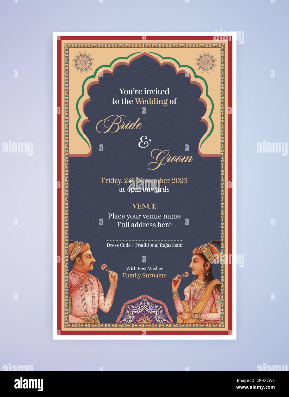 Carte d'invitation à un mariage à l'art de Mughal. Motif de carte d'invitation Mughal indien pour l'impression. Illustration de Vecteur
