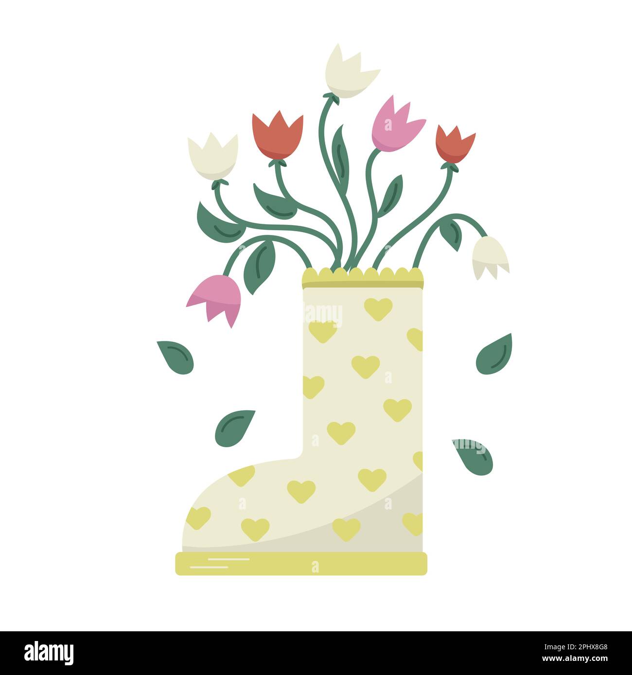 Joli bouquet de tulipes en bottes jaunes avec coeurs. Carte romantique Vector Spring. Jardin dessiné à la main. Illustration de Vecteur