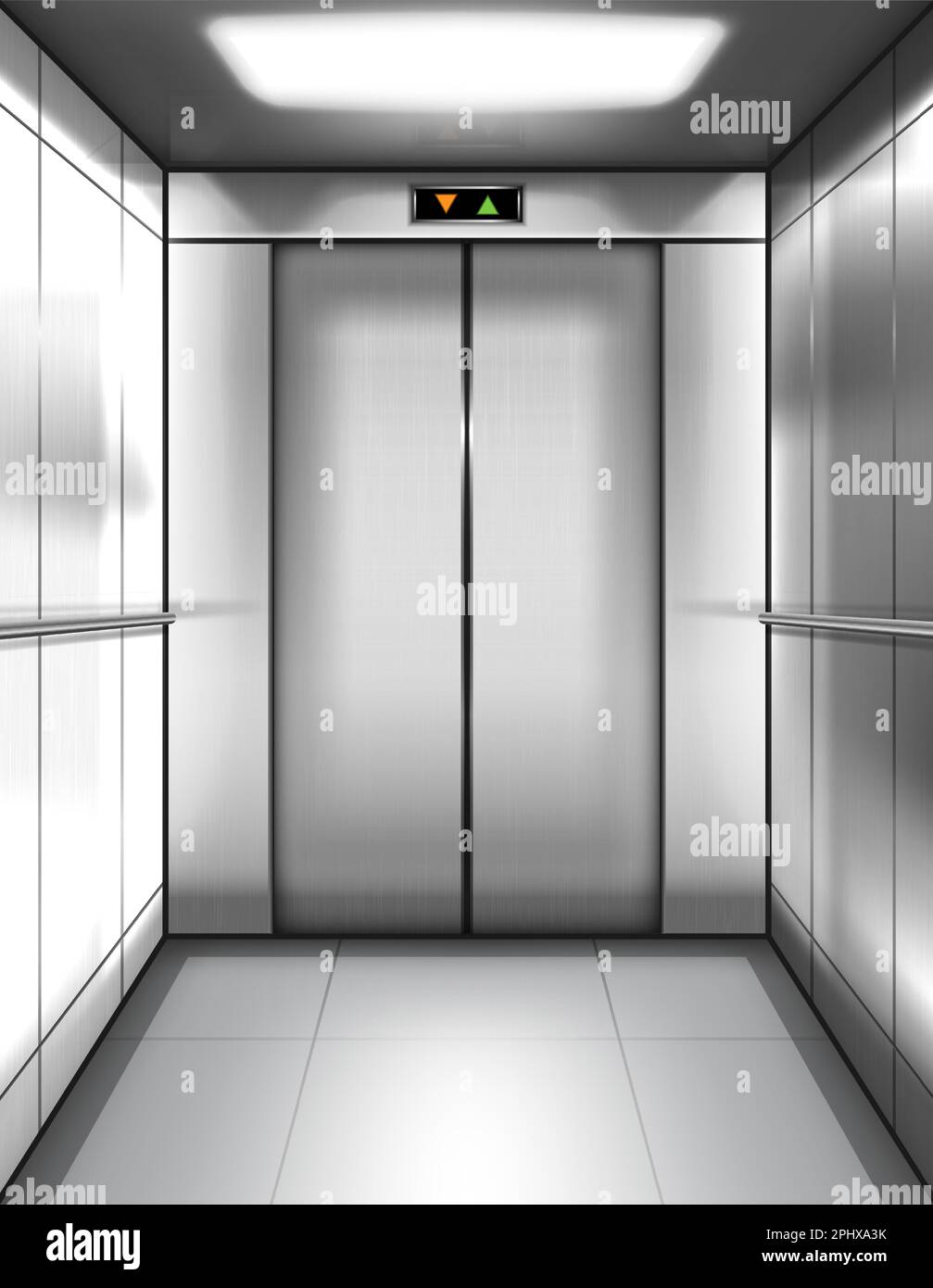 Cabine d'ascenseur vide avec portes fermées et affichage numérique avec flèches vers le haut et vers le bas. Vector intérieur réaliste des monte-charge ou des passagers avec murs et mains courantes métalliques dans un immeuble de bureaux ou une maison Illustration de Vecteur