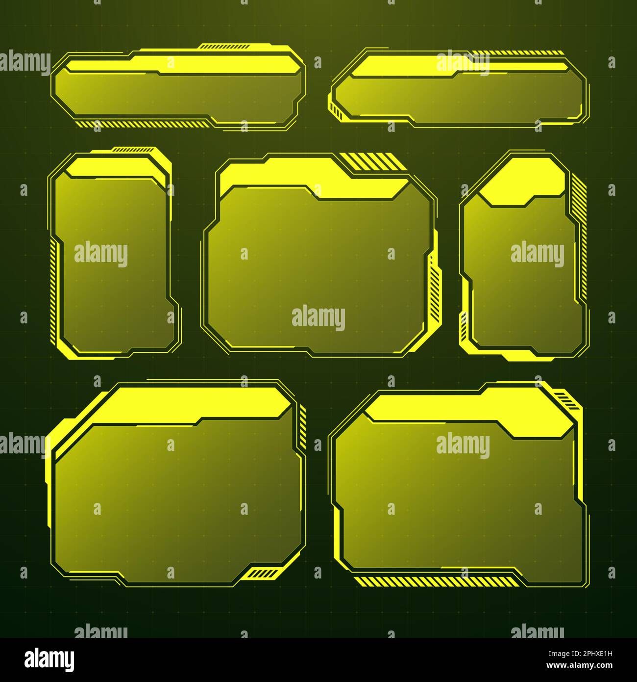 HUD futuriste jaune, éléments d'interface utilisateur. Zones de texte et légendes de l'interface utilisateur SCI-fi. Cadres de message d'avertissement, modèle de zones d'information. Jeu moderne Illustration de Vecteur