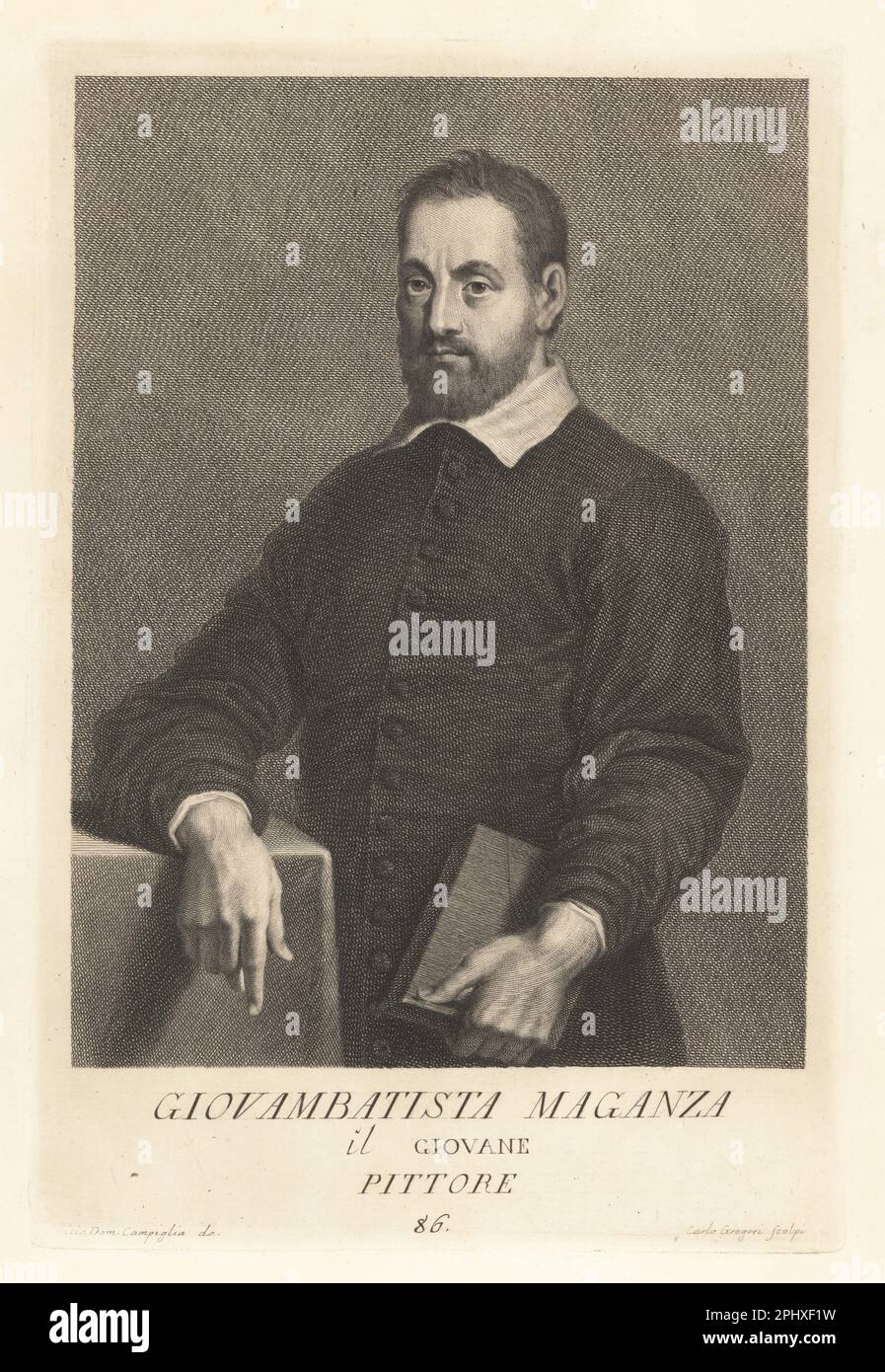 Giovanni Battista Maganza le plus jeune, peintre italien, 1577-1617. Fils d'Alessandro, peint des sujets d'histoire et assiste son père à Vicenza, où il meurt de la peste en 1617. Maganza, Giovambatista Maganza il Giovane. Gravure sur plaque de coperplate par Carlo Gregori d'après Giovanni Domenico Campiglia après un autoportrait de l'artiste du Museo Florentino de Francesco Moucke, série di Ritratti de Pittori (série de Portraits de Peintres) stampia Mouckiana, Florence, 1752-62. Banque D'Images