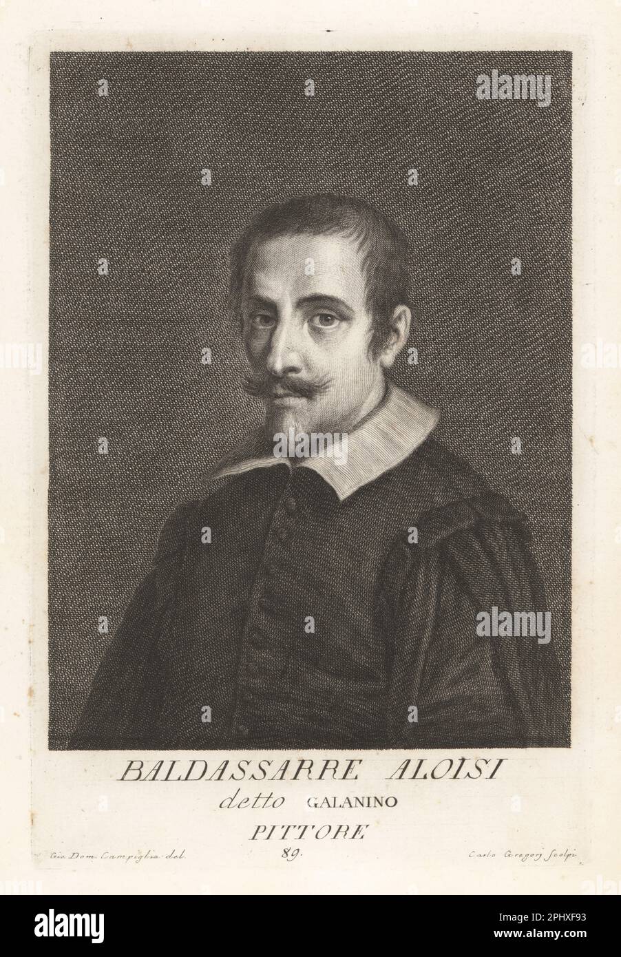 Baldassare Aloisi, ou Baldassare Galanino, peintre et graveur italien d'histoire et de portrait, 1578-1638. Peint des sujets religieux et d'histoire et gravé les œuvres de Raphaël dans la Loggia. Également connu sous le nom d'il Galanino. Baldassarre Aloisi, detto Galanino, Pittore. Gravure sur plaque de coperplate par Carlo Gregori d'après Giovanni Domenico Campiglia après un autoportrait de l'artiste du Museo Florentino de Francesco Moucke, série di Ritratti de Pittori (série de Portraits de Peintres) stampia Mouckiana, Florence, 1752-62. Banque D'Images