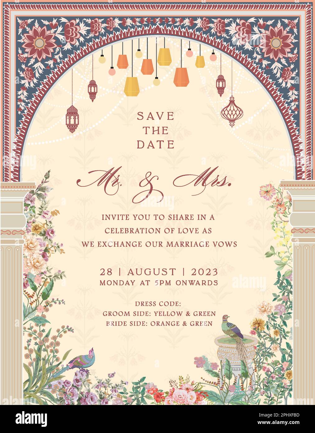 Carte d'invitation à un mariage. Arche Mughal avec carte d'invitation à fleurs pour l'impression d'illustrations vectorielles. Illustration de Vecteur