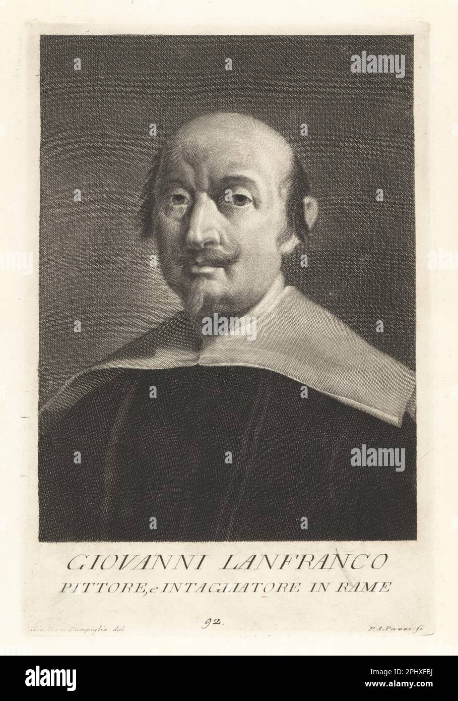 Giovanni Lanfranco, peintre et graveur italien de la période baroque, 1581-1647. Également connu sous le nom de Cavaliere Giovanni di Stefano, peint des sujets religieux à Rome pour le Cardinal Sannese et le Pape Paul V. Pittore e Intagliatore en lame. Gravure sur plaque de coperplate par Pietro Antonio Pazzi d'après Giovanni Domenico Campiglia après un autoportrait par l'artiste du Museo Florentino de Francesco Moucke, Serie di Ritratti de Pittori (série de Portraits de Peintres) stampia Mouckiana, Florence, 1752-62. Banque D'Images