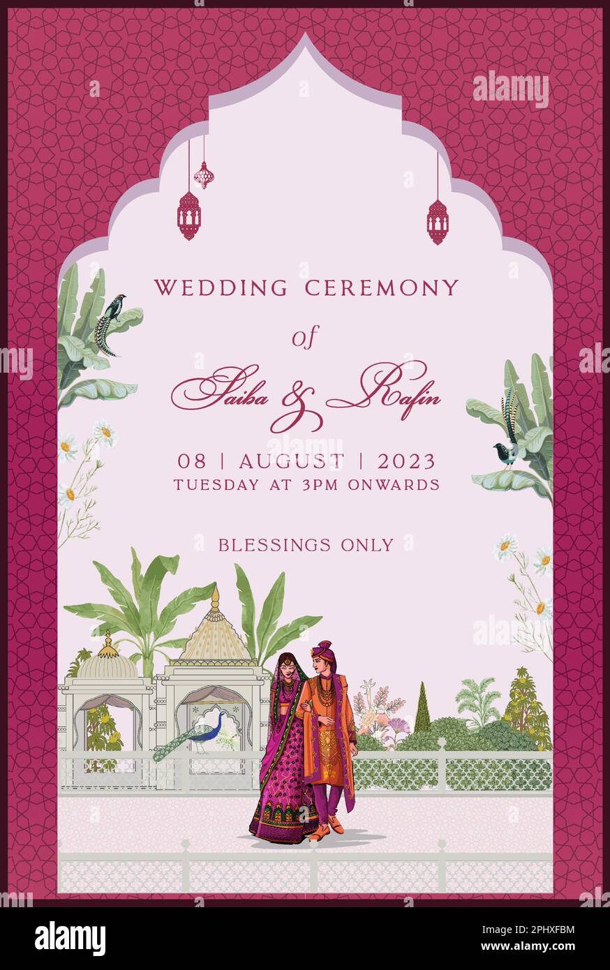 Carte d'invitation de mariage avec femme indienne en saree. Carte de mariage indienne mughal pour impression. Illustration de Vecteur